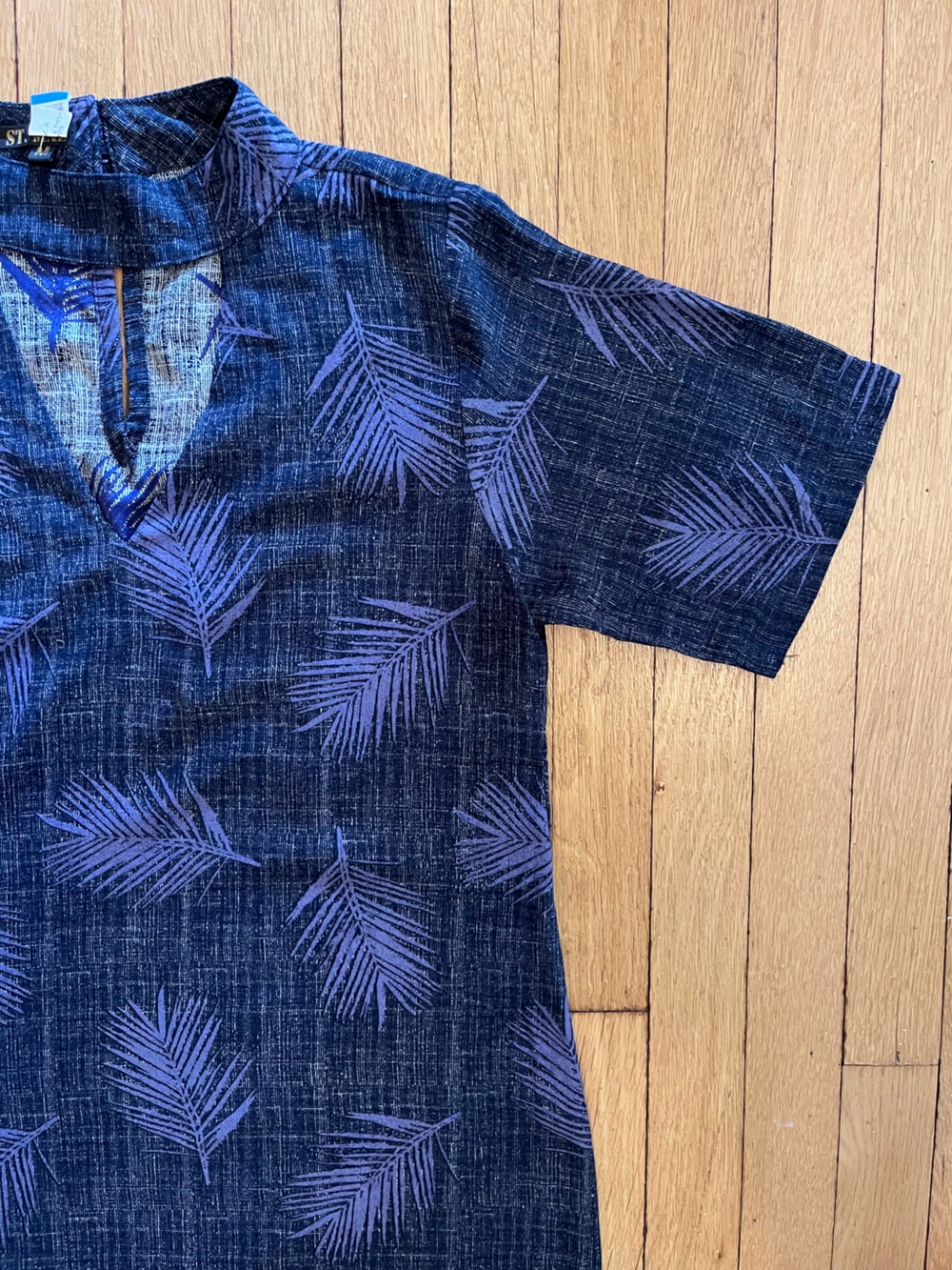 Short Sleeve Navy A-line Dress with Purple Leaf Print— Size M - Picture 3 of 6